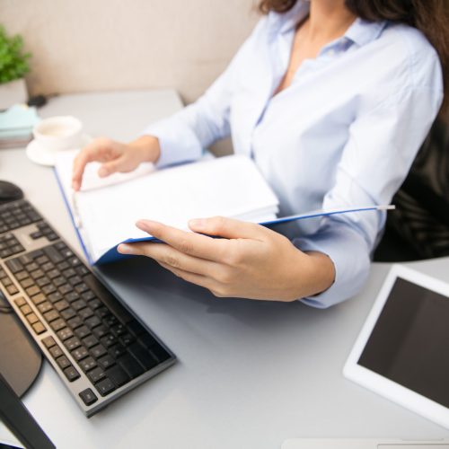 Remote working from home. Workplace in home office with PC, devices and gadgets.